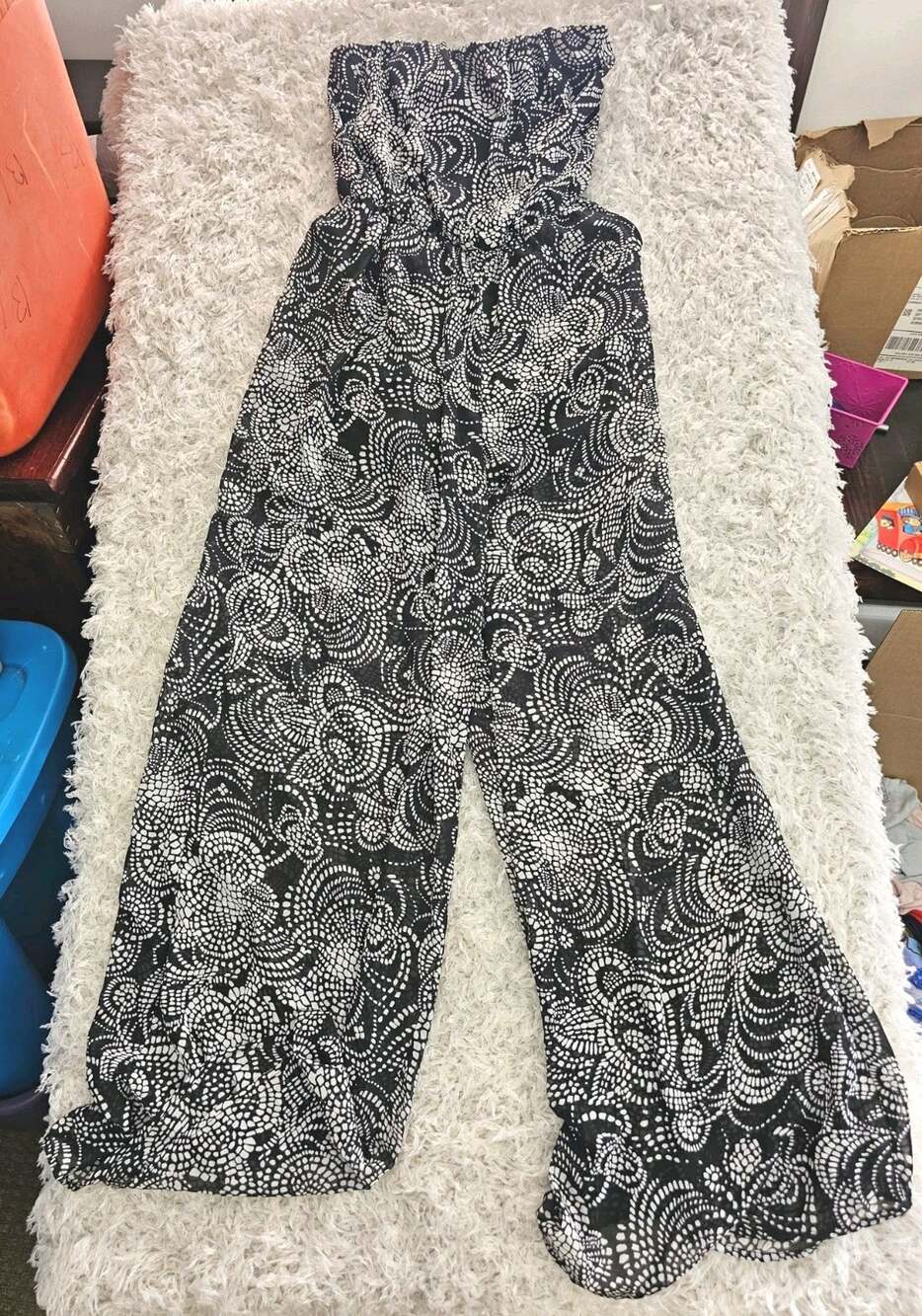 Xhilaration Jumpsuit Small S Black White Strapless Palazzo Wide Leg Boho Pattern